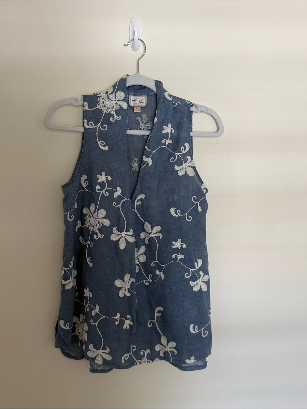 Beige by eci Blue Floral Embroidered Sleeveless Camisole